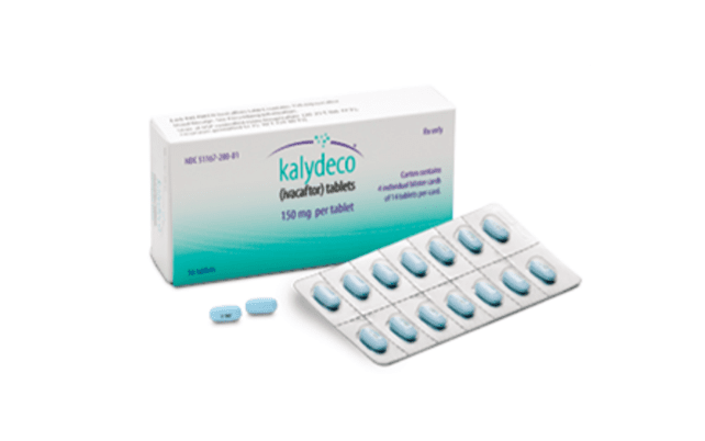 Image of KALYDECO® (ivacaftor) packaging with 150 mg tablets 
