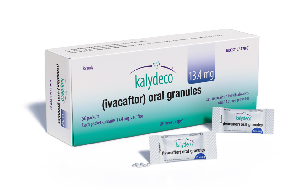 Image of KALYDECO® (ivacaftor) packaging with 13.4 mg oral granules