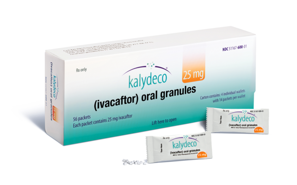 Image of KALYDECO® (ivacaftor) packaging with 25 mg oral granules