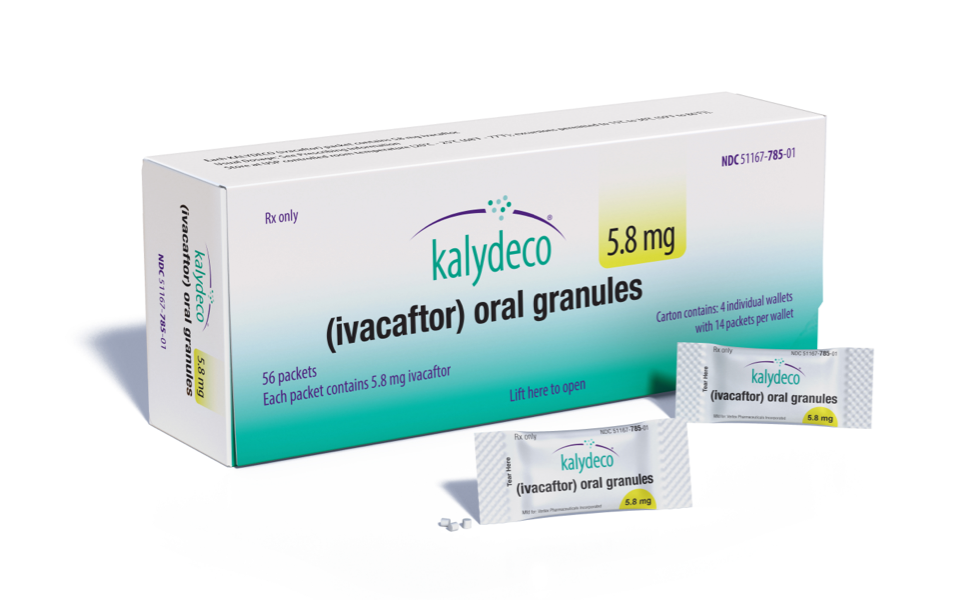 Image of KALYDECO® (ivacaftor) packaging with 5.8 mg oral granules