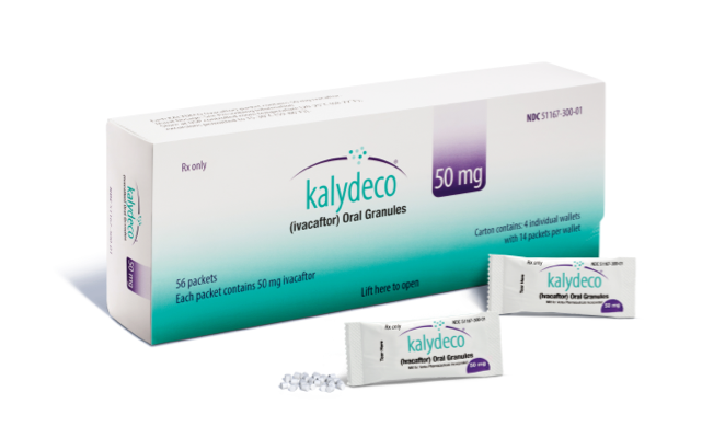 Image of KALYDECO® (ivacaftor) packaging with 50 mg oral granules