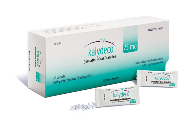 Image of KALYDECO® (ivacaftor) packaging with 75 mg oral granules