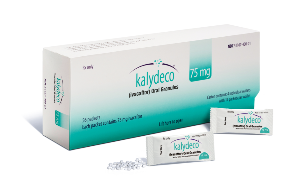 Image of KALYDECO® (ivacaftor) packaging with 75 mg oral granules